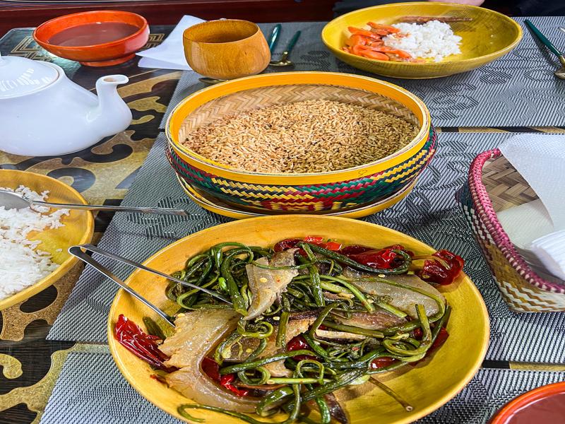 Authentic Bhutanese lunch - veggies, rice