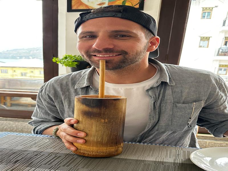 Trying the homemade barley wine at lunch