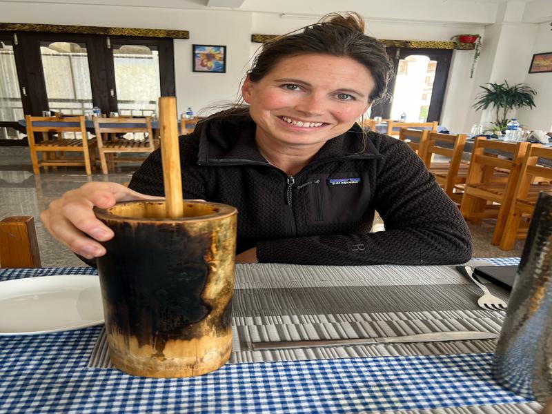 Trying the homemade barley wine at lunch