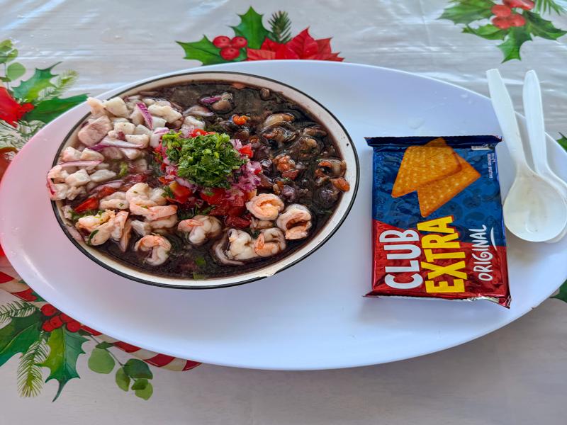 Not our favorite ceviche, but locals seem to like with this dark sauce
