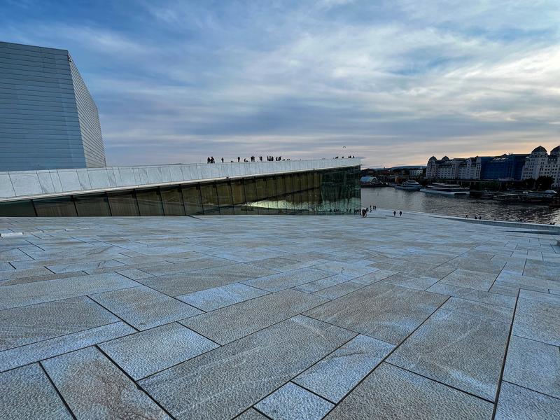 You can walk up the long sloped roof for views of the fjord