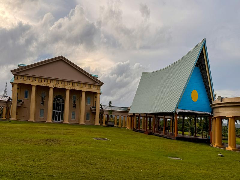 Executive building and traditional Palau meeting house