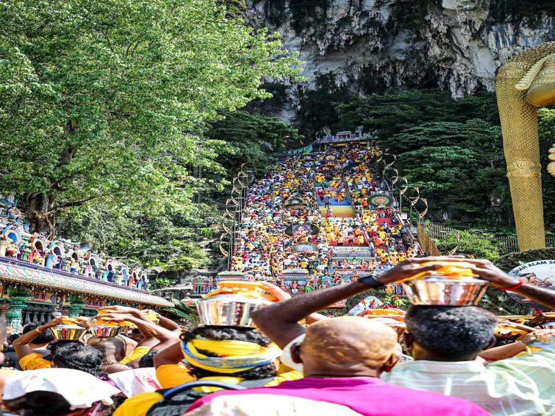 Looking up to the stairs leading to cave