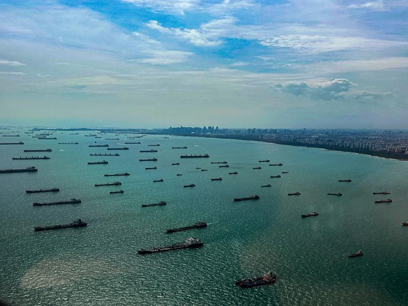 Ships heading into Singapore, as taken from the plane