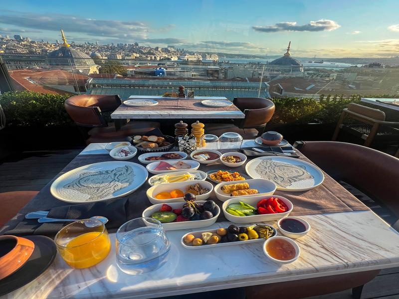 Turkish breakfast overlooking the city